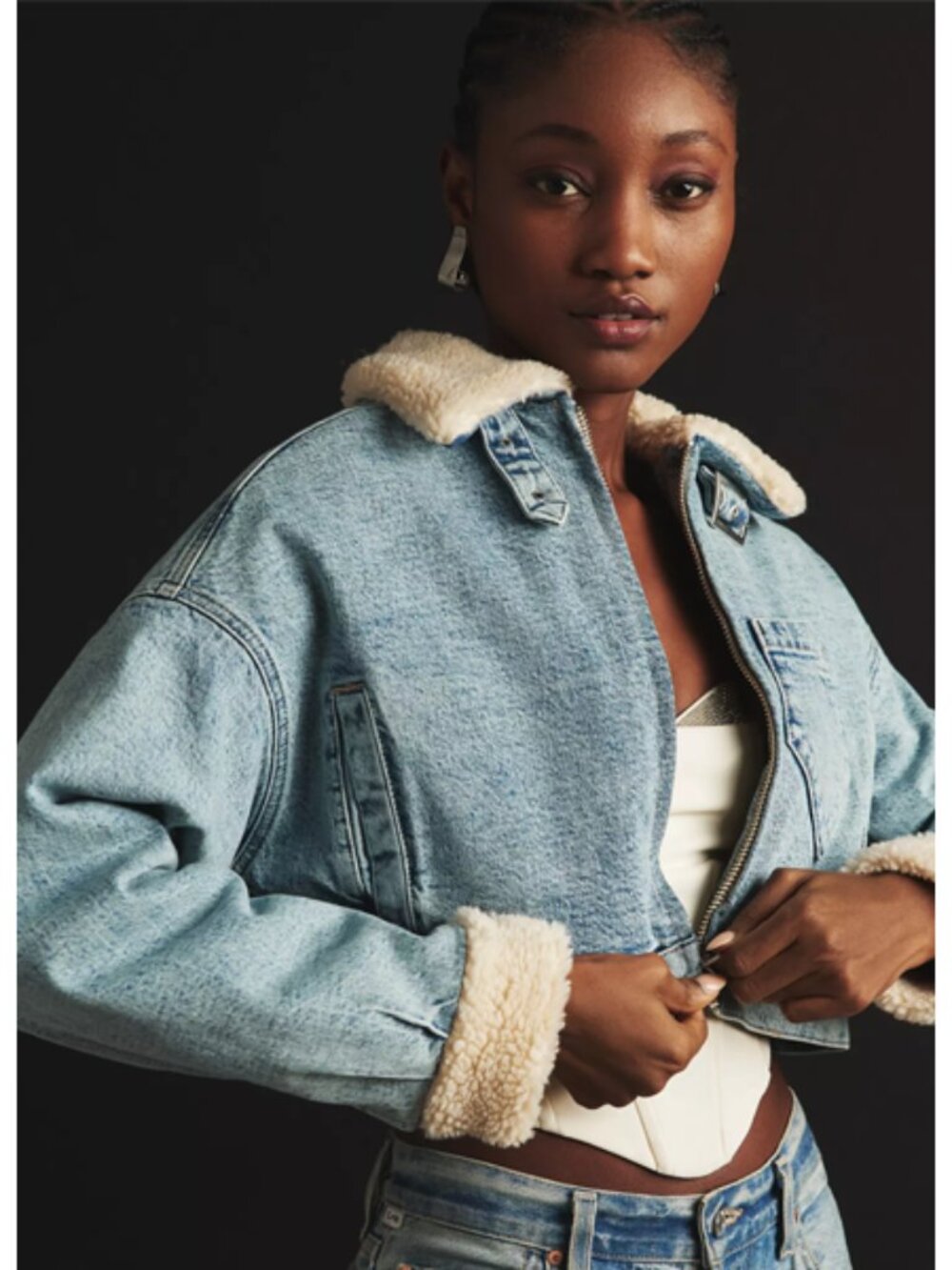 Good American | Blue Crop Denim & Shearling Jacket